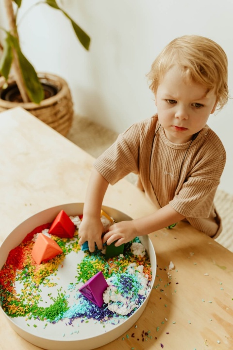 Niebieska tacka sensoryczna Jellystone Play Tray 2w1 chłopiec, który szuka figur i je poznaje