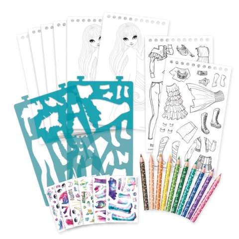 Szkicownik do projektowania ubrań z kredkami i naklejkami - Nebulous Stars - Isadora elementy