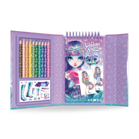 Szkicownik do projektowania ubrań z kredkami i naklejkami - Nebulous Stars - Isadora w środku