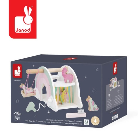 Drewaniany domek jednorożców Janod z akcesoriami Jednorożce w opakowaniu
