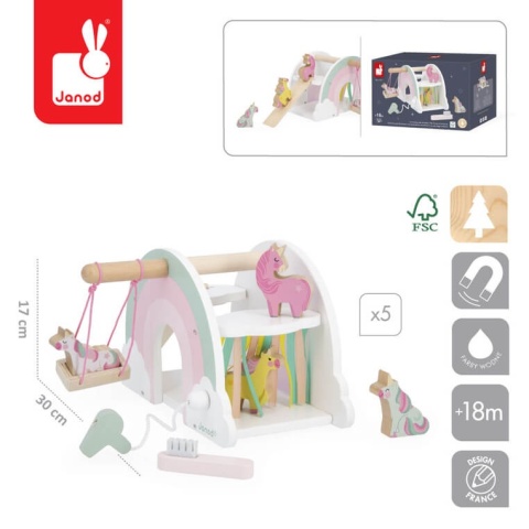 Drewaniany domek jednorożców Janod z akcesoriami Jednorożce wymiary