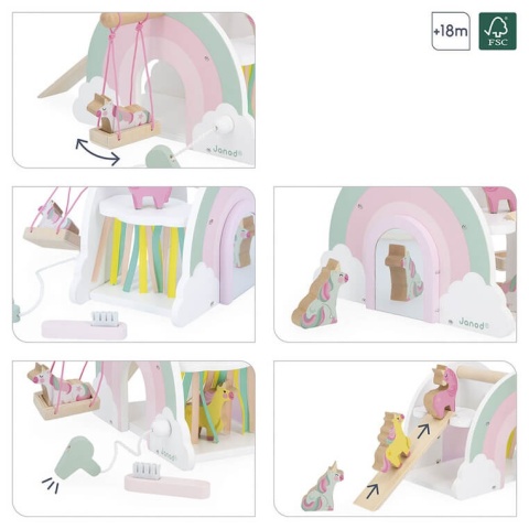 Drewaniany domek jednorożców Janod z akcesoriami Jednorożce z każdej strony