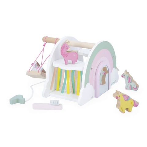 Drewaniany domek jednorożców Janod z akcesoriami Jednorożce kurtyna