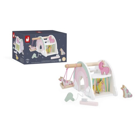Drewaniany domek jednorożców Janod z akcesoriami Jednorożce taras