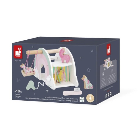Drewaniany domek jednorożców Janod z akcesoriami Jednorożce w pudełku