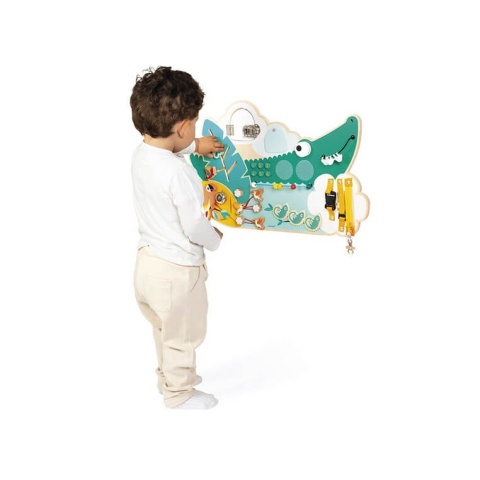 chłopiec bawiący się Drewniana tablica manipulacyjna Janod Krokodyl Tropik