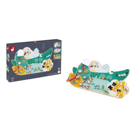 Drewniana tablica manipulacyjna Janod Krokodyl Tropik przy opakowaniu