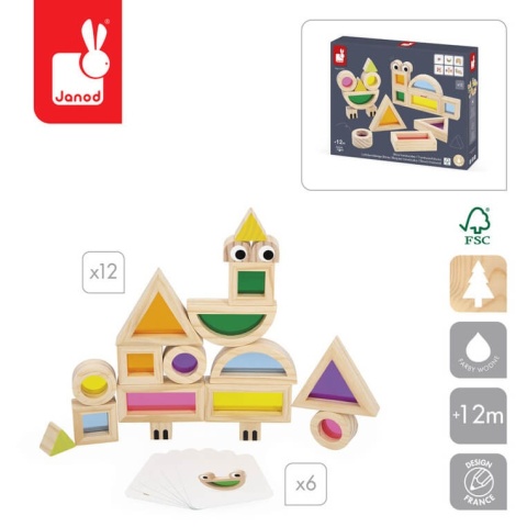 Drewniane klocki sensoryczne Janod przeźroczyste wymiar