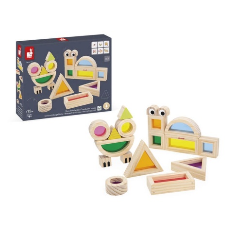 Drewniane klocki sensoryczne Janod przeźroczyste różne kształty