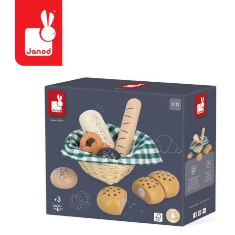 Koszyk z drewniamym pieczywem Janod w opakowaniu