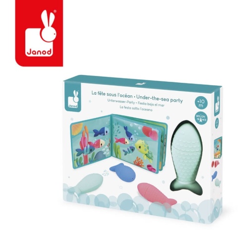 Książeczka do kąpieli z 3 psikawkami Janod Przyjęcie pod wodą opakowanie