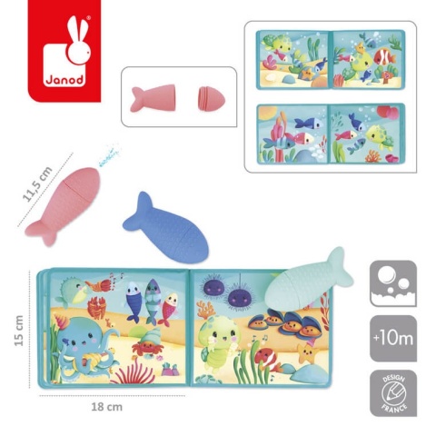 Książeczka do kąpieli z 3 psikawkami Janod Przyjęcie pod wodą wymiary