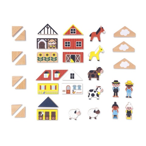 Zestaw klocków i figurek Janod - Wieś Cross Roads 36 elementów zawartość
