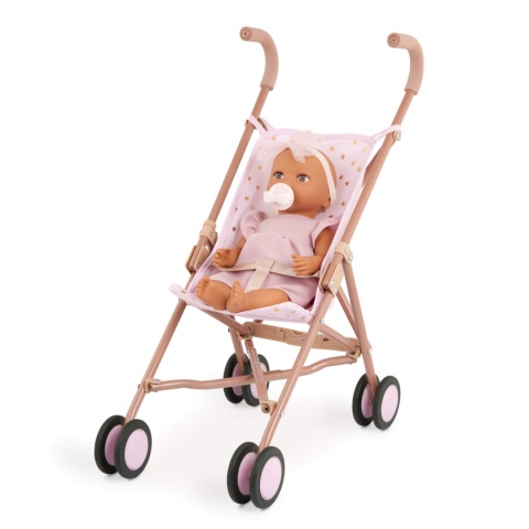 Śniada Lalka ze Smoczkiem LullaBaby w Sukience i Opasce wózek