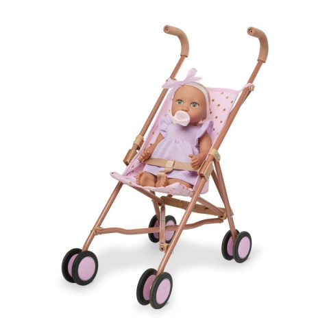 Lalka ze Smoczkiem LullaBaby w Sukience i Opasce w wózku