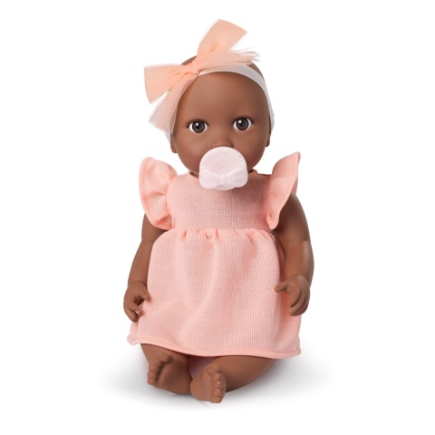 Ciemnoskóa Lalka ze Smoczkiem LullaBaby w Sukience i Opasce ze smoczkiem w buzi