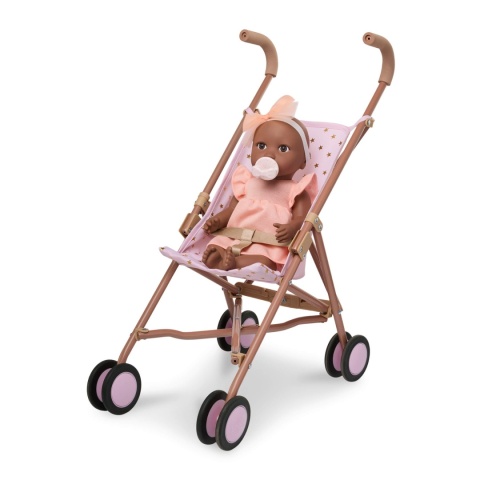 Ciemnoskóa Lalka ze Smoczkiem LullaBaby w Sukience i Opasce w wózku