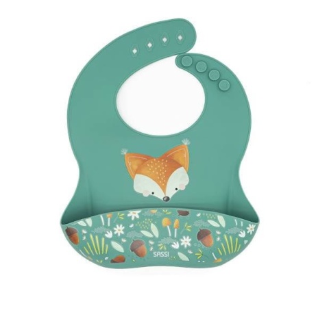 Zielony Śliniak Silikonowy z kieszonką SASSI Lis