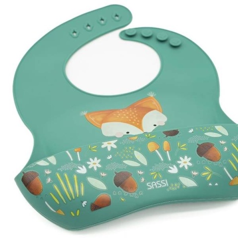 Zielony Śliniak Silikonowy z kieszonką SASSI Lis motyw