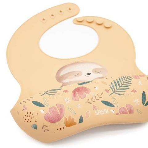 Beżowy Śliniak Silikonowy z kieszonką SASSI Leniwiec kieszonka