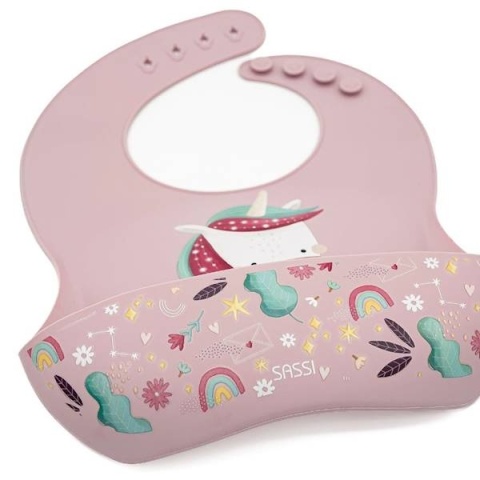 Różowy Śliniak Silikonowy z kieszonką SASSI Jednorożec kieszonka