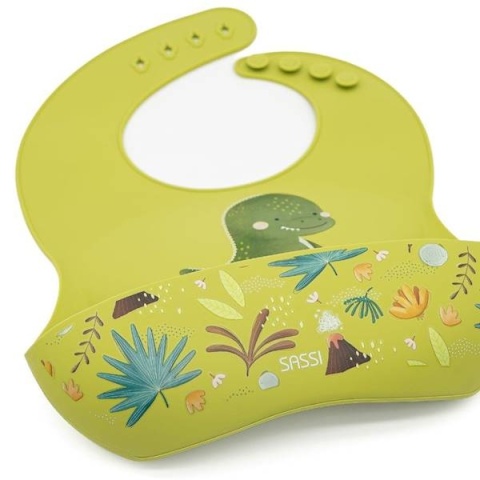 Zielony Śliniak Silikonowy z kieszonką SASSI Dinozaur  kieszonka