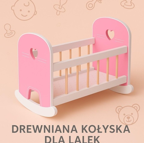 Różowa drewniana kołyska Baby Rose dla lalek 35-45 cm
