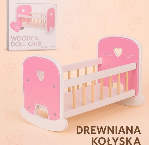 Różowa drewniana kołyska Baby Rose dla lalek 35-45 cm