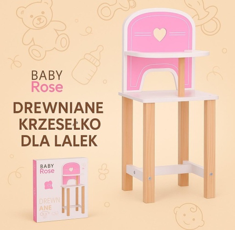 Różowe drewniane krzesełko Baby Rose dla lalek 35-45 cm