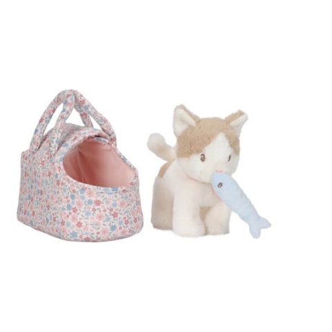 Kot Marley Little Dutch w torbie z rybą w buzi