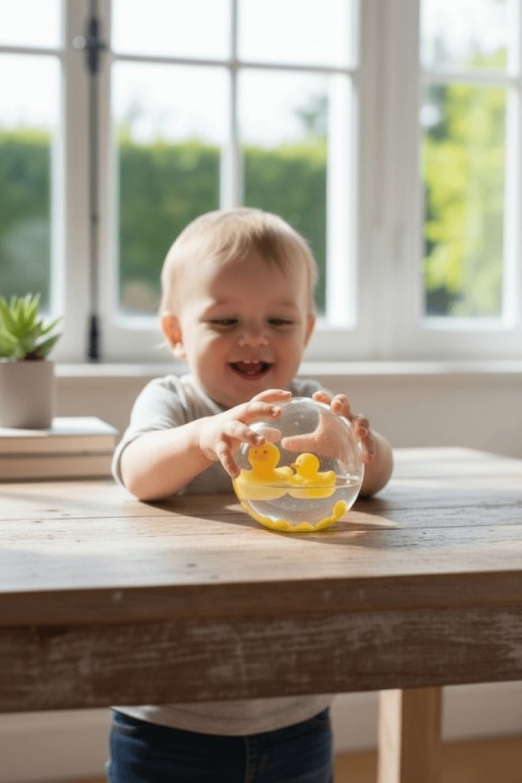 dziecko bawiące się Kula sensoryczna Kaczuszka Petit Boum Happy Bubbles