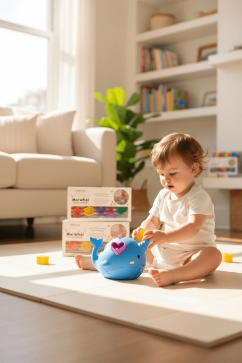 dziecko bawiące się Morski Sorter Kształtów Jellystone Bright silikonowy wieloryb