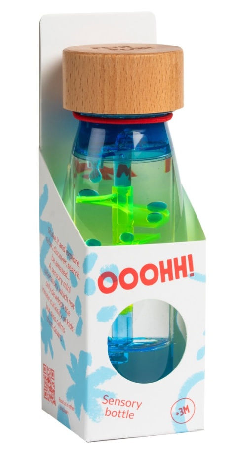 Niebieska Butelka sensoryczna dwufazowa Petit Boum Move Spirala w opakowaniu