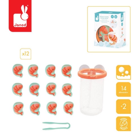 Łapacz krewetek do kąpieli Janod kosz z przyssawkami zestaw