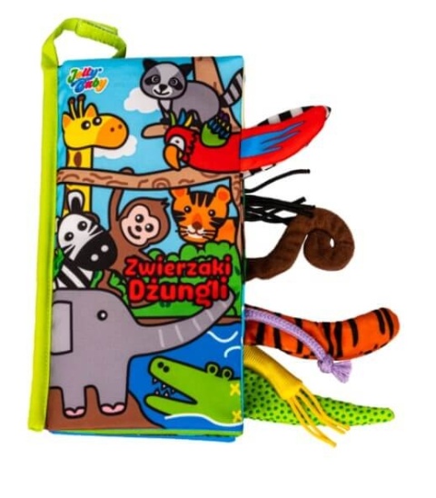 Sensoryczna książka z ogonkami JollyBaby zwierzaki dżungli przód