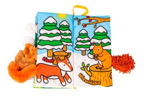 Sensoryczna książka z ogonkami JollyBaby puchate zwierzaki lisek i wiewiórka