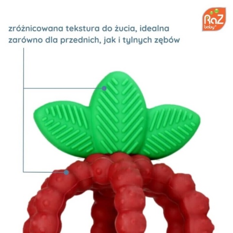 Czerwony gryzak silikonowy RaZbaby malina różne faktury