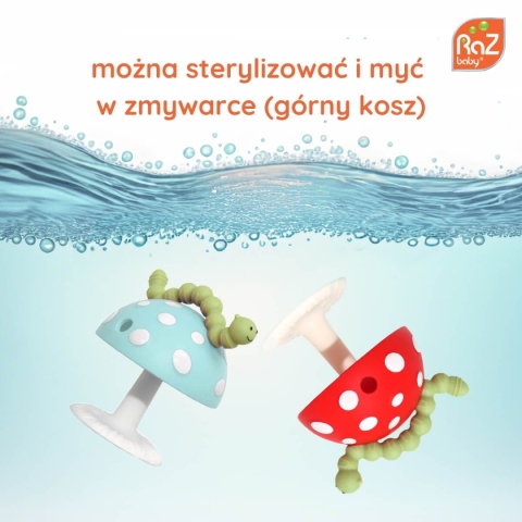 Niebieski gryzak silikonowy RaZbaby z przyssawką mycie