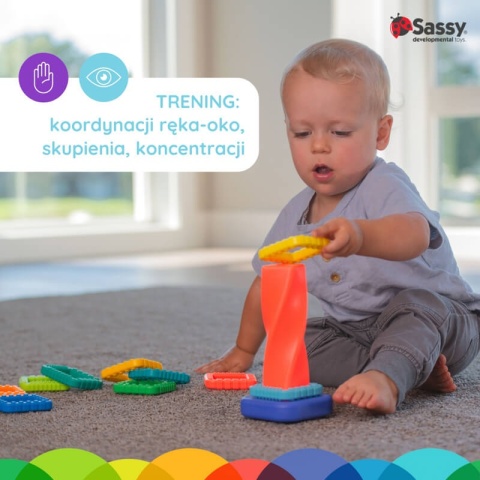Sensoryczna zabawka z klocków Sassy zakręcona wieża trening koordynacji