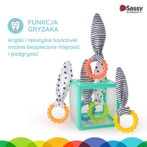Kostka sensoryczna Montessori Sassy funkcja gryzaka