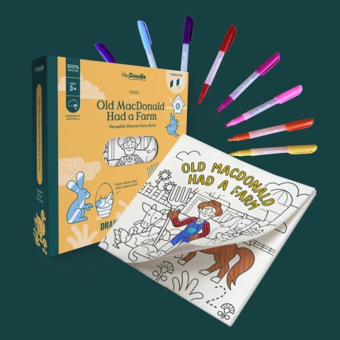 Książka silikonowa do wielokrotnego kolorowania Hey Doodle Old MacDonald zestaw z markerami