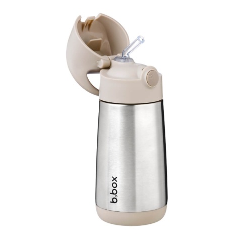 Brązowa butelka termiczna ze słomką B.Box 350 ml Latte otwarta