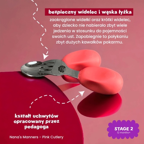 Widelec i łyżka Nana's Manners etap 2 różowy kształt