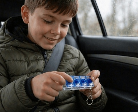 Klikacz antystresowy brelok kliker klawiatura świecąca LED niebieski 4 - zabawa w aucie