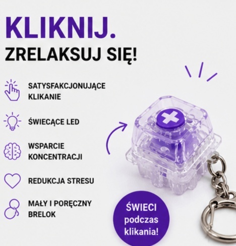 Klikacz antystresowy brelok kliker klawiatura świecąca LED fioletowa 1 - zalety