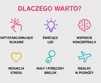 Klikacz antystresowy brelok kliker klawiatura świecąca LED kolorowy 6 - zalety