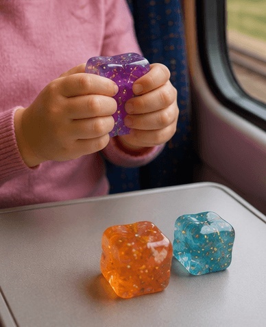 Gniotek antystresowy kostka sensoryczna Cube Squeeze Glitter - zabawa