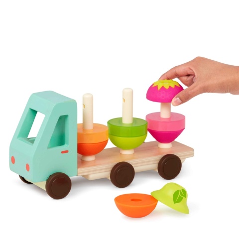 Drewniana ciężarówka z owocami B.Toys Stack & Roll Fruit Truck - nakładanie klocków