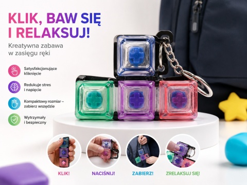 Klikacz antystresowy brelok kliker klawiatura świecąca LED czarna przezroczysta T4 - zalety