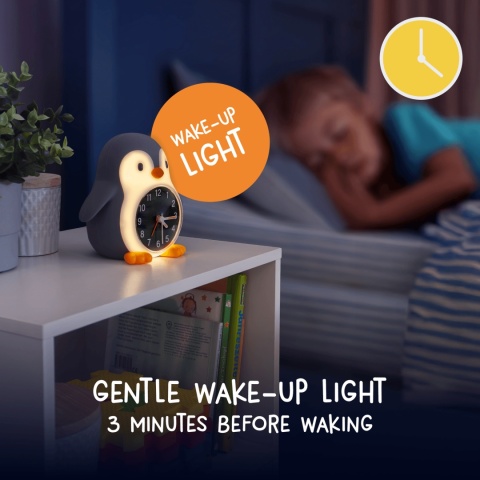 Lampka z zegarem i ramką na zdjęcie Eggy's Mystery Lights pingwin budzik